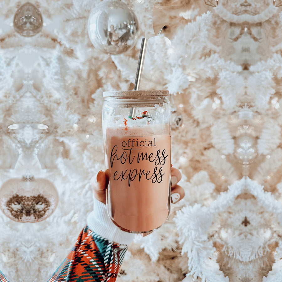 Hot Mess 17oz Glass Tumbler With Bamboo Lid, 2 Stainless Straws and Cleaner BandsCo Straps