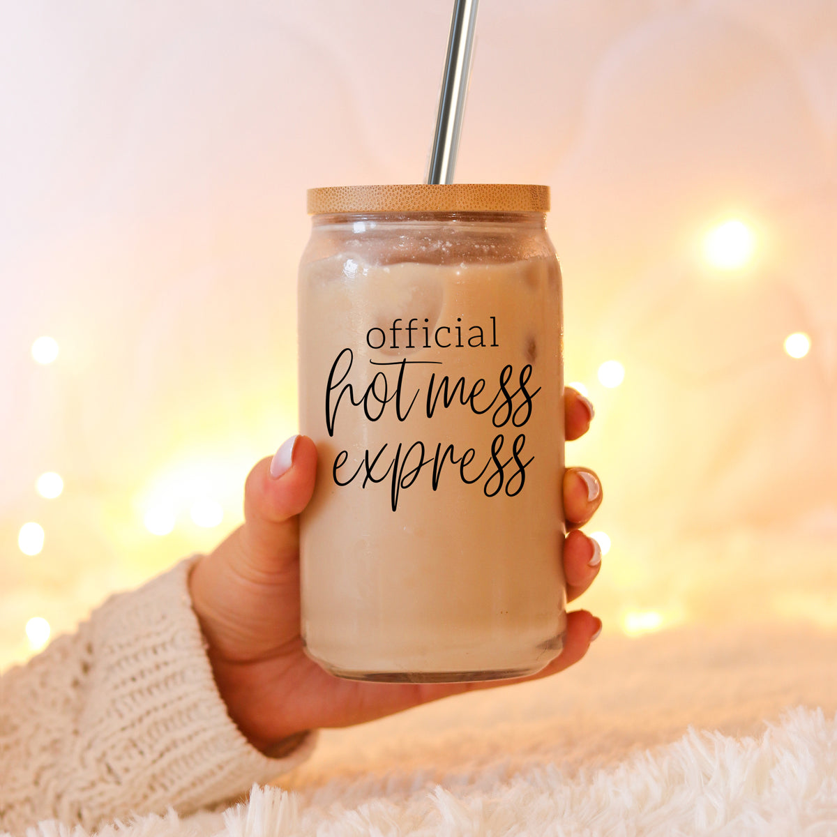 Hot Mess 17oz Glass Tumbler With Bamboo Lid, 2 Stainless Straws and Cleaner BandsCo Straps