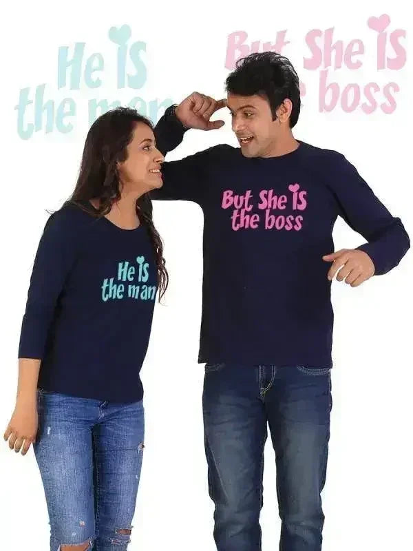 He is the Man, She is the Boss Couple Full Sleeves Navy Blue - SJB-DIAMOND ELITES