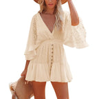 Womens Lace V Neck Mini Dresses Batwing Sleeve Backless Crochet Ruffle Mini Dresses Apricot L