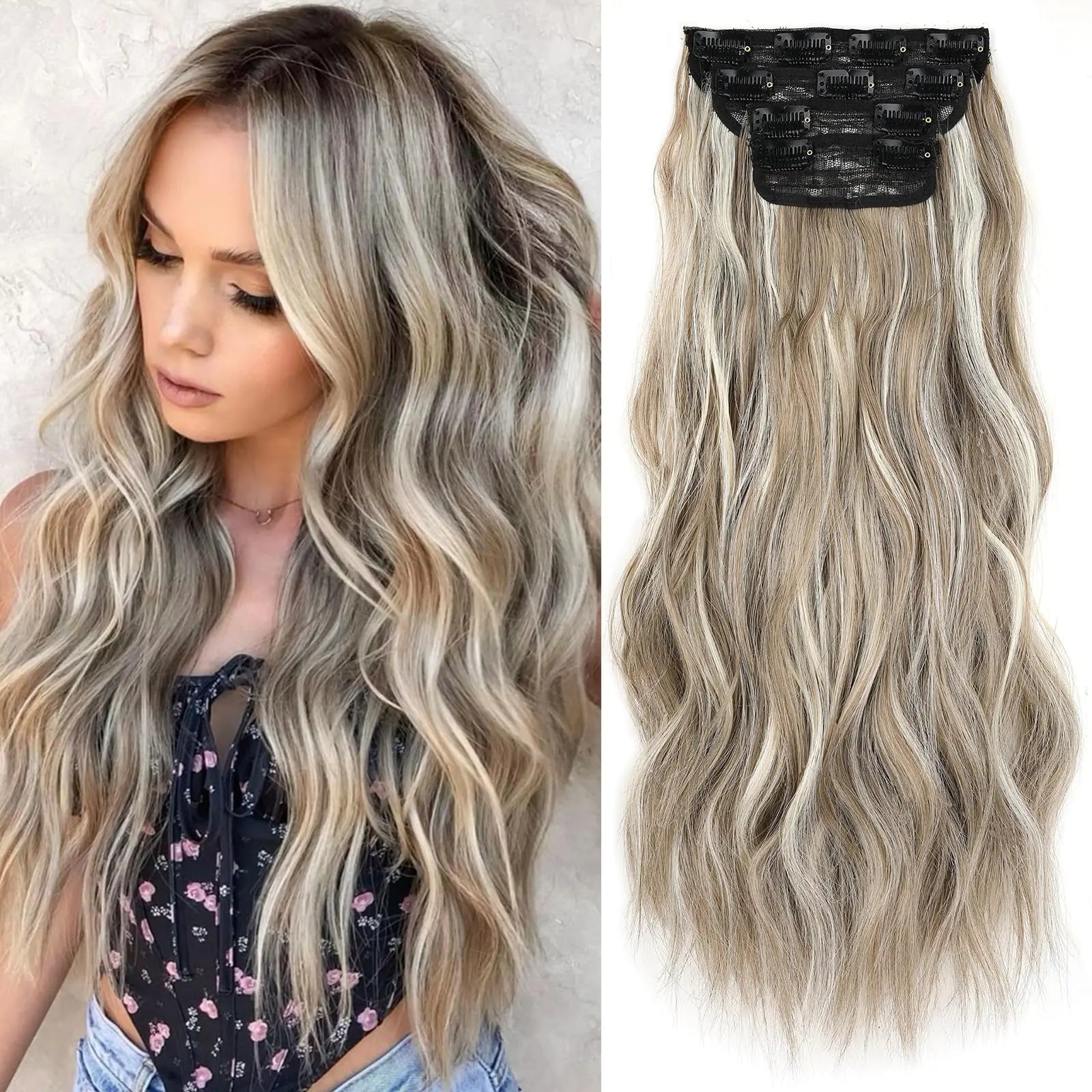 ZRQ Clip in Hair Extensions 20 In Long Wavy Ash Brown with BlondeHair Extensions Clip in 4Pcs Thick Soft Synthetic Clip in Hairpieces for Women Girls #12H613 Pi-Mart