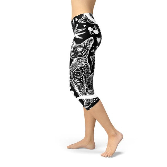Womens Black Magic Cat Capri Leggings - SJB-DIAMOND ELITES