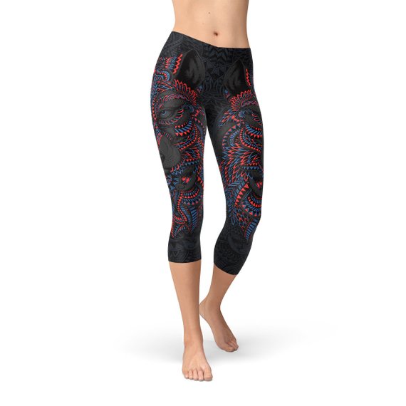 Womens Oriental Black Wolf Capri Leggings - SJB-DIAMOND ELITES