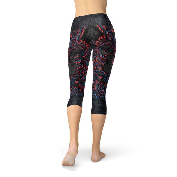 Womens Oriental Black Wolf Capri Leggings - SJB-DIAMOND ELITES