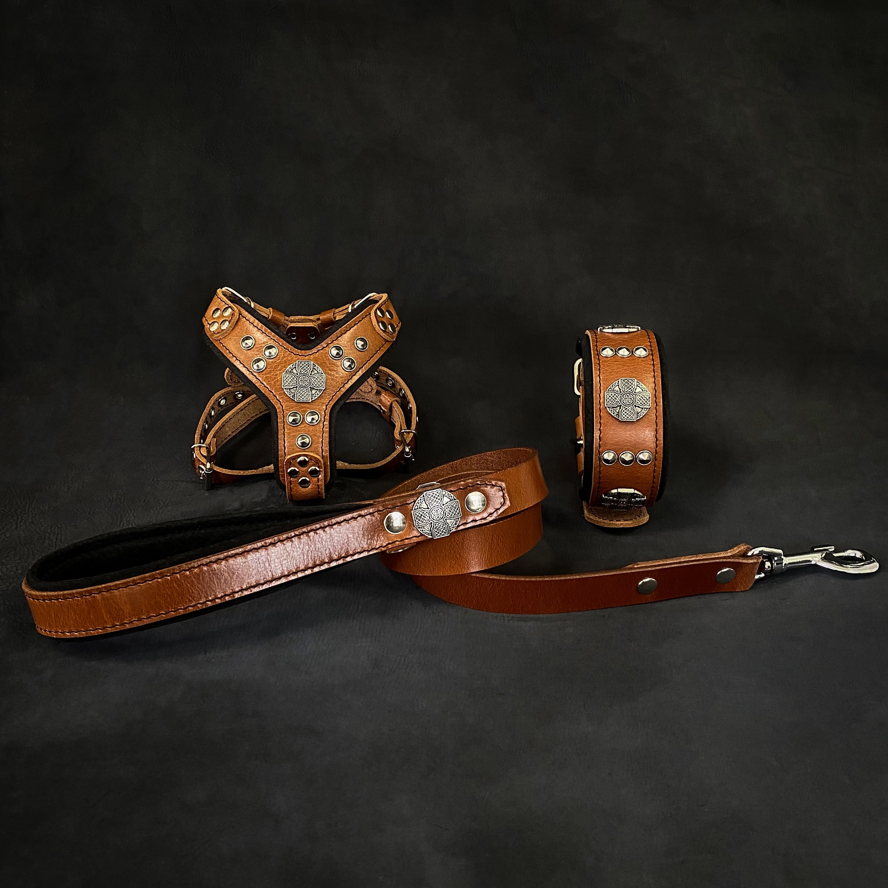 "Maximus Brown&Silver" Small dog SET - Harness - collar - lead - SJB-DIAMOND ELITES