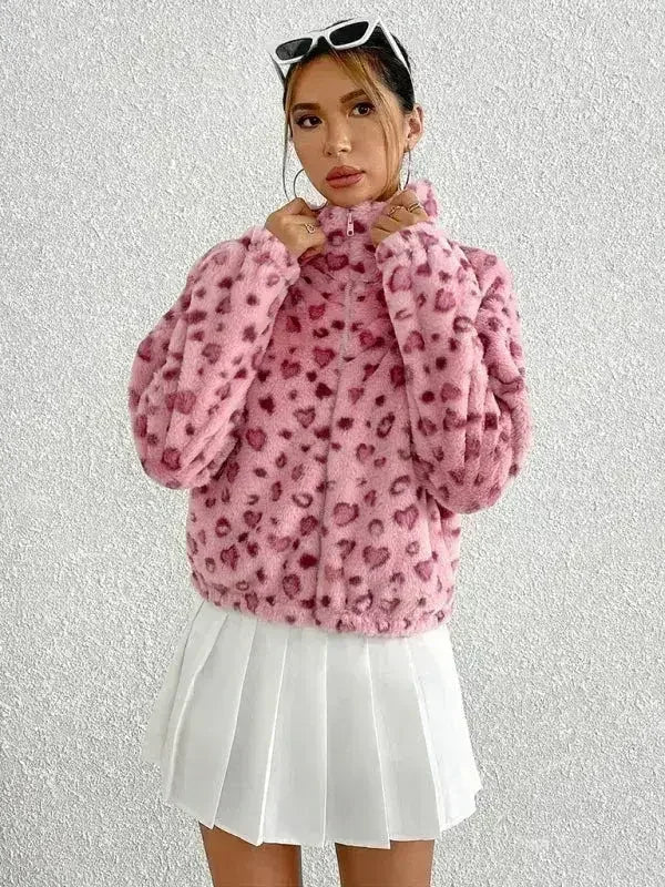 Valentine's Day Love Leopard Print Plush Jacket - SJB-DIAMOND ELITES
