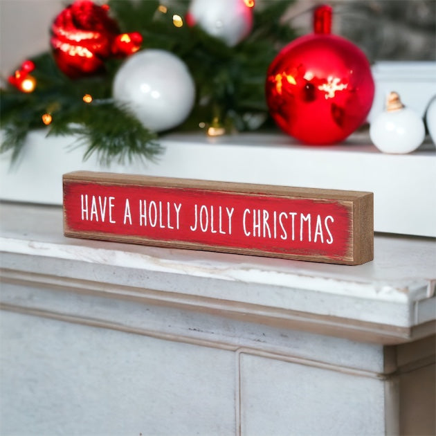Holly Jolly Christmas Wooden Shelf Sitter Sign Holiday Mantel Shelf Decor Rustic Farmhouse BandsCo Straps