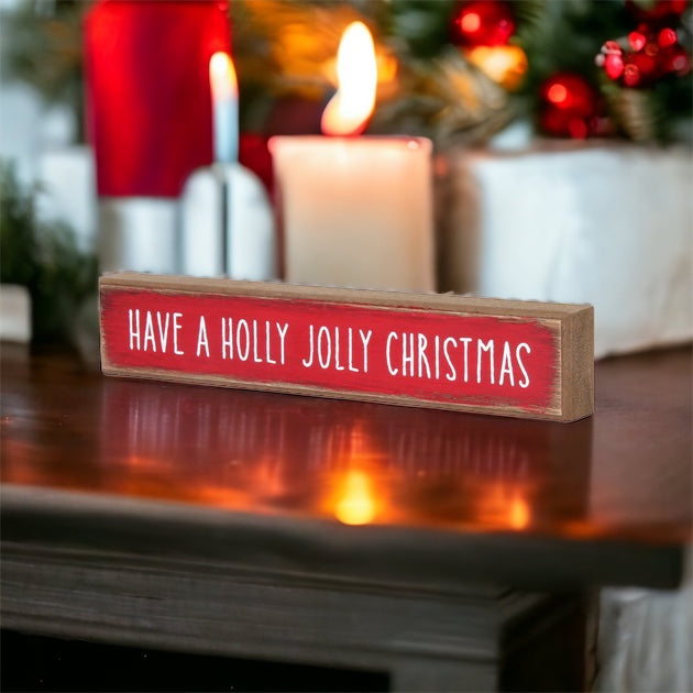 Holly Jolly Christmas Wooden Shelf Sitter Sign Holiday Mantel Shelf Decor Rustic Farmhouse BandsCo Straps