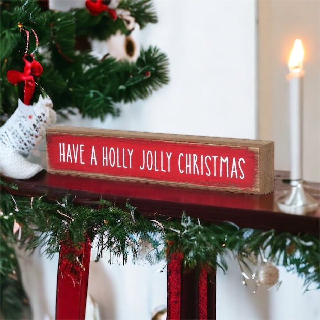 Holly Jolly Christmas Wooden Shelf Sitter Sign Holiday Mantel Shelf Decor Rustic Farmhouse BandsCo Straps