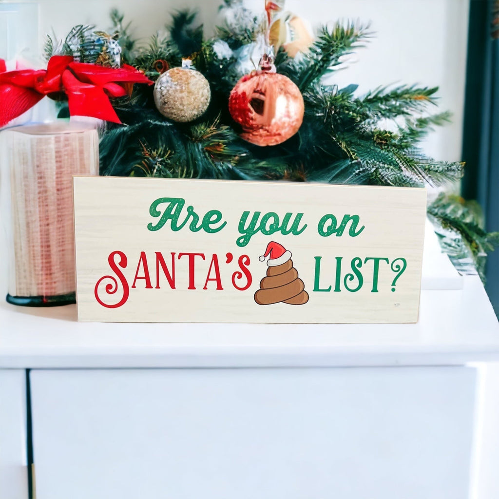 Santa Poop List Wooden Block Sign Funny Christmas Decor Holiday Mantel Plaque Funny Gift BandsCo Straps