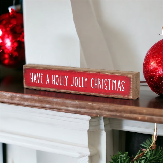 Holly Jolly Christmas Wooden Shelf Sitter Sign Holiday Mantel Shelf Decor Rustic Farmhouse BandsCo Straps