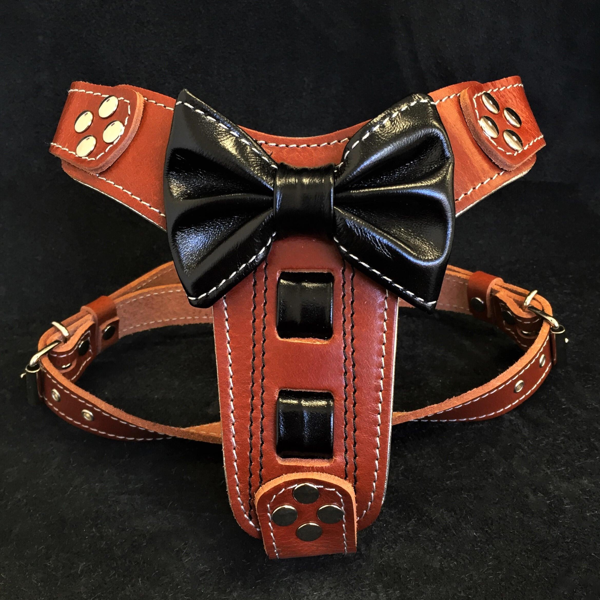 The "Bowtie" leather harness brown Small to Medium Size - SJB-DIAMOND ELITES