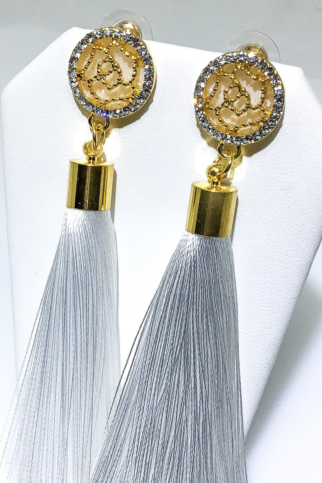 Indian Blue Tassel Drop Dangle Earrings Gold Accent