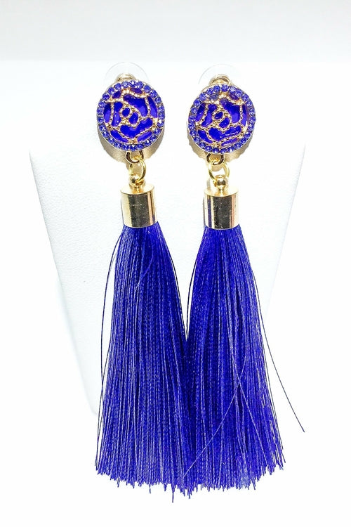 Indian Blue Tassel Drop Dangle Earrings Gold Accent