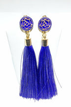 Indian Blue Tassel Drop Dangle Earrings Gold Accent