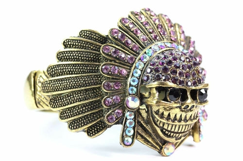 Indian Chief Skull Bangle Vintage Gold Crystal Headdress