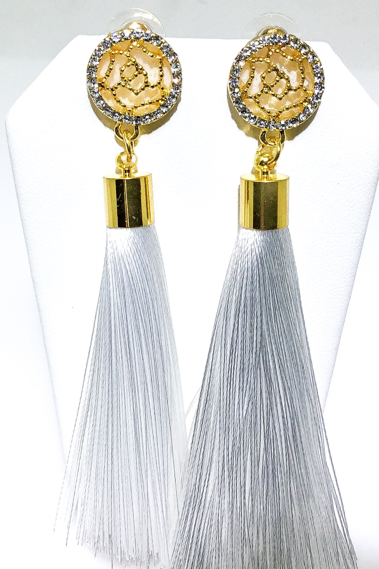 Indian Blue Tassel Drop Dangle Earrings Gold Accent