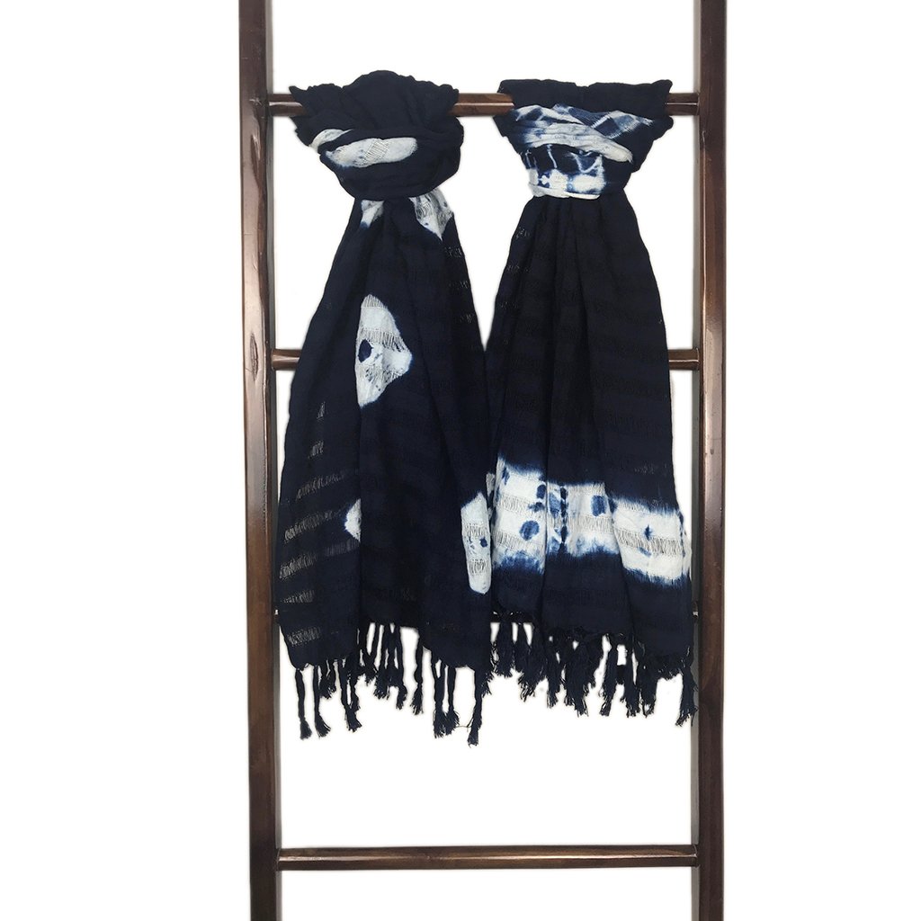 Indigo Cotton Stripe Scarf Oversized Lightweight Hand-Dyed Travel Wrap 25x59 BandsCo Straps