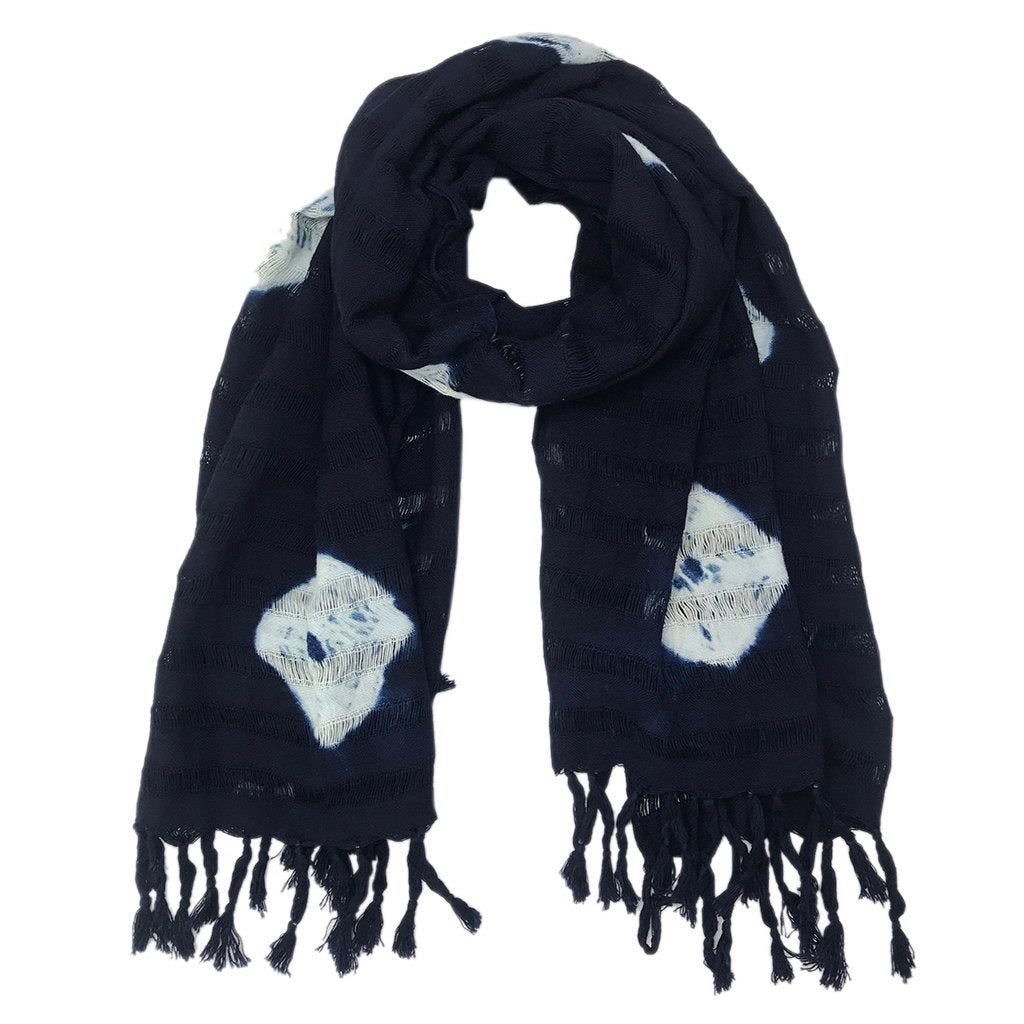 Indigo Cotton Stripe Scarf Oversized Lightweight Hand-Dyed Travel Wrap 25x59 BandsCo Straps