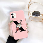 Initial Letter Silicon Phone Case For Iphone  12 Pro Max Retro Pink Flower Soft Back Cover Compatible With Iphone Case Soft Touch Cute Pink Silicone Back Cover For Iphone