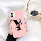 Initial Letter Silicon Phone Case For Iphone  12 Pro Max Retro Pink Flower Soft Back Cover Compatible With Iphone Case Soft Touch Cute Pink Silicone Back Cover For Iphone