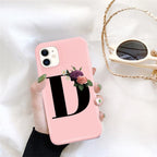 Initial Letter Silicon Phone Case For Iphone  12 Pro Max Retro Pink Flower Soft Back Cover Compatible With Iphone Case Soft Touch Cute Pink Silicone Back Cover For Iphone