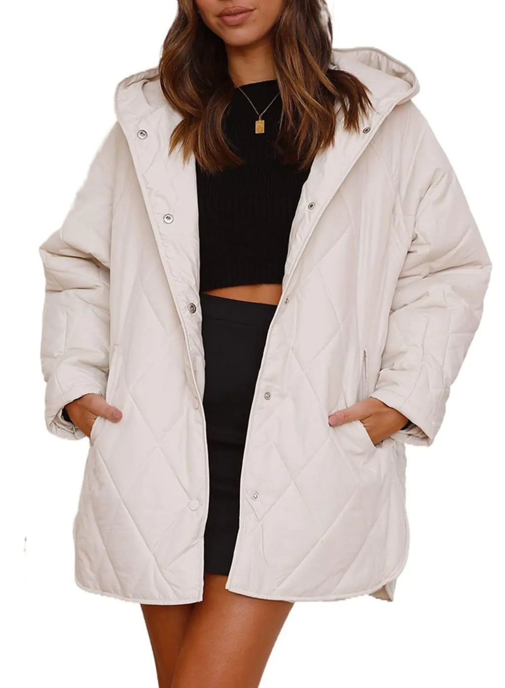 2023 Women's Casual Diamond Quilted Hooded Jacket Pi-Mart
