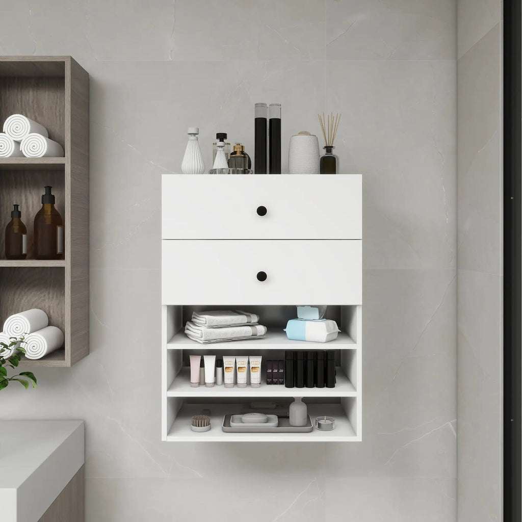 C1 Modular Wooden Closet Organizer System with 2 Drawers 3 Shelves Wall Mount Shelving for Walk in Closet Bedroom Organization Built in Clothes Storage White 23.62''W x 16.04''D x 31.49''H Pi-Mart