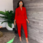 V-Neck Lace-up Shirt Tight Pants Set Pi-Mart