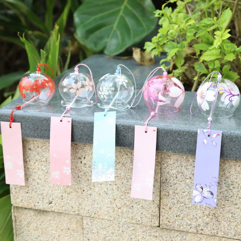 Japan Style Hand-paint Sakura Glass Wind Chimes Creative Gifts Painted Window & Door Hanging Bells Decorations Hanging Wind Chime Pendant Label Chimes Wind Bells Gift For Mom Home Stevvex