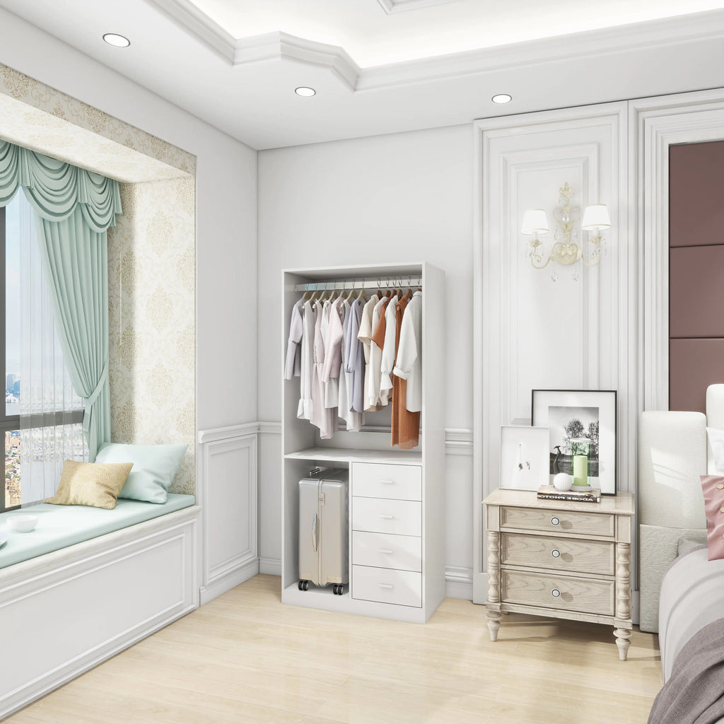 White Wood Closet System Storage Stand-Alone Wardrobe with 4 Drawers Closet Organizer Armoires and Wardrobeswith Hanging Rod 31.5"W x 15.7"D x 70.8"H Pi-Mart
