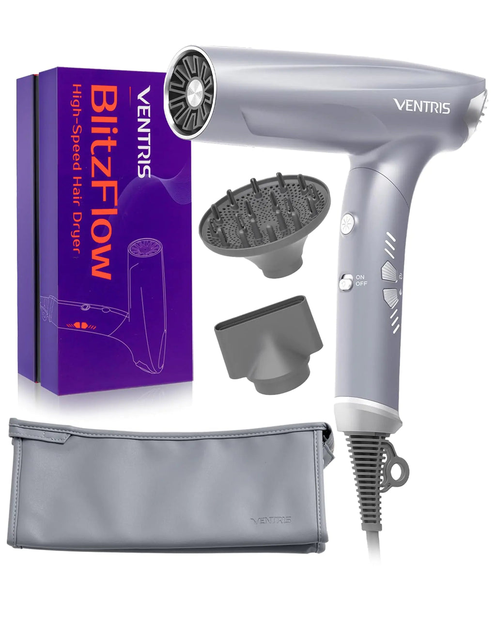 VENTRIS Blitzflow Ionic Hair Dryer Magnetic Diffuser High Speed Styling Blow Dryer Lightweight & Foldable Travel Hair Dryer Positive Negative Ion blowdryer Ethereal Gray Lootquake LLC