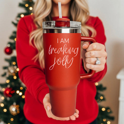 40oz Insulated Tumbler With Handle Lid Straw - Red Green Holiday Parent Mug BandsCo Straps