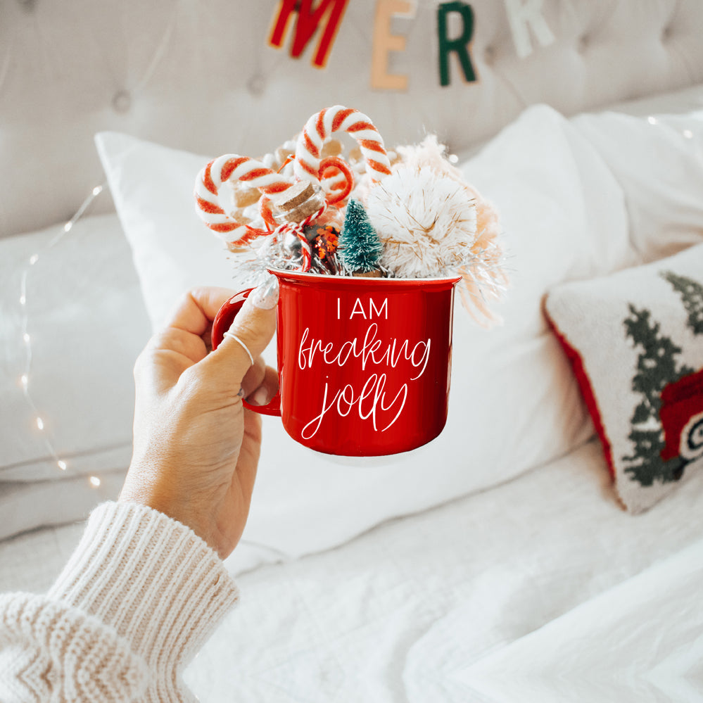 Freaking Jolly Ceramic Campfire Mug 14.5oz Red Or Green Double-Sided White Lettering Microwave Safe