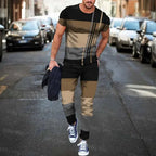Men's Summer Tracksuit Stripe Print T-shirt Trousers Set Pi-Mart