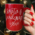 Santa's Judging You Naughty And Nice Ceramic Christmas Coffee Mug Red Or Green Double Sided BandsCo Straps