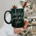 Santa's Judging You Naughty And Nice Ceramic Christmas Coffee Mug Red Or Green Double Sided BandsCo Straps