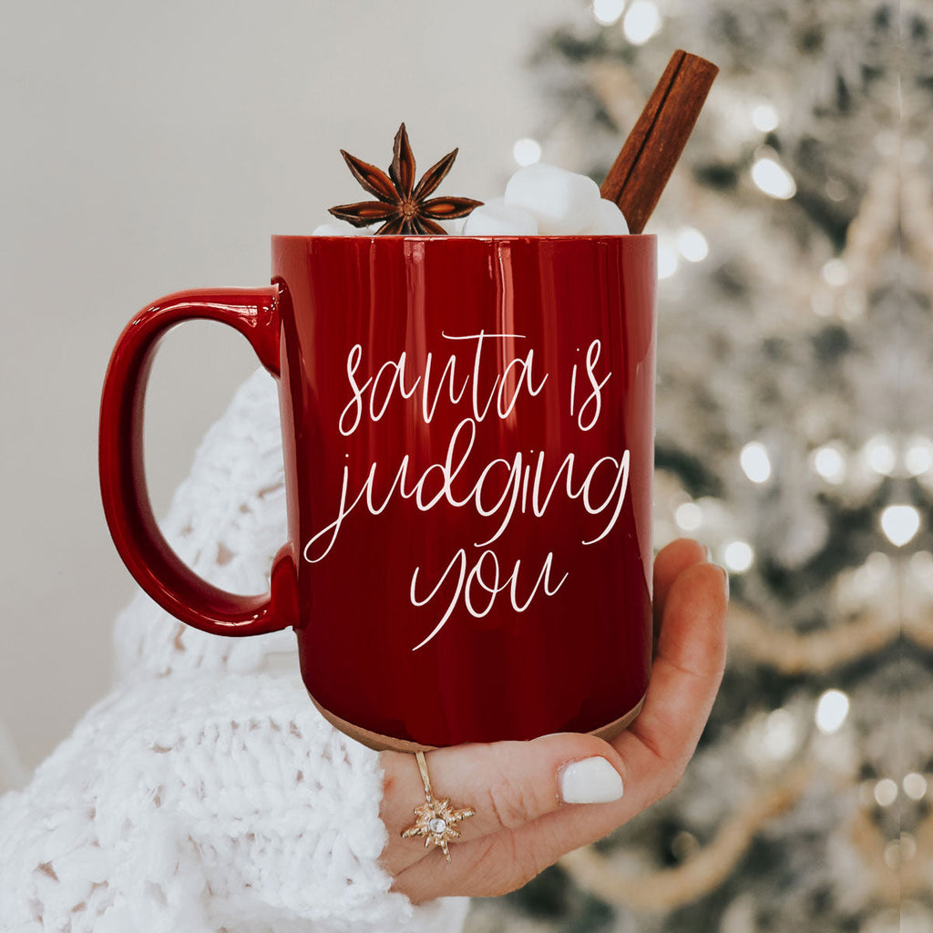 Santa's Judging You Naughty And Nice Ceramic Christmas Coffee Mug Red Or Green Double Sided BandsCo Straps
