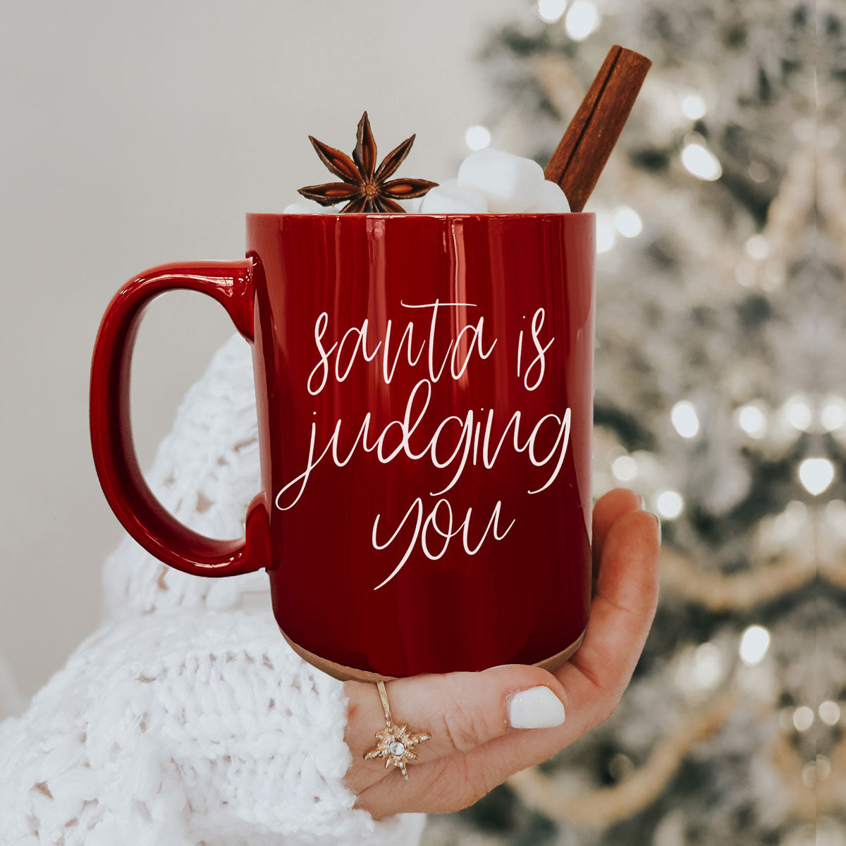 Santa's Judging You Naughty And Nice Ceramic Christmas Coffee Mug Red Or Green Double Sided BandsCo Straps