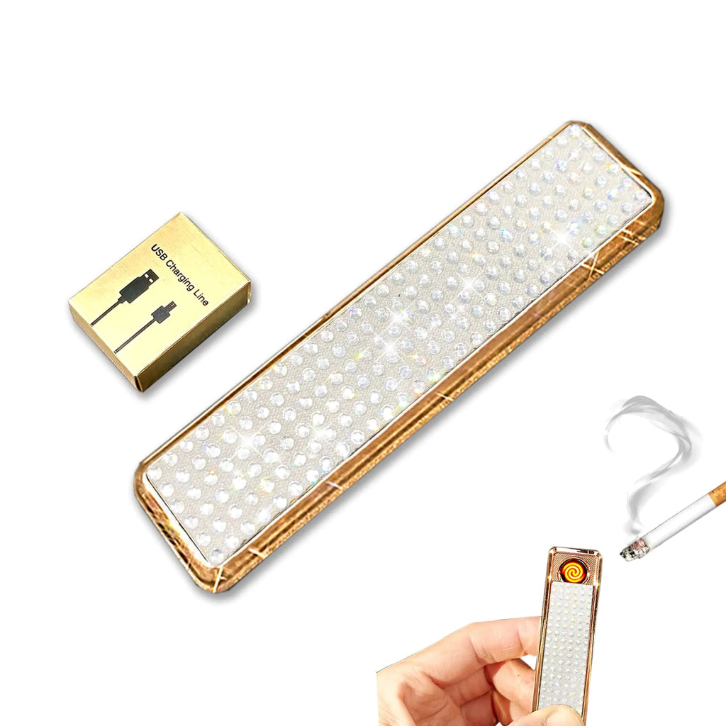 Rhinestone Lighter Electric Lighter Rechargeable Bling Glitter USB Lighter Flameless Girls Lighter for Women (White Sliver) Lootquake LLC