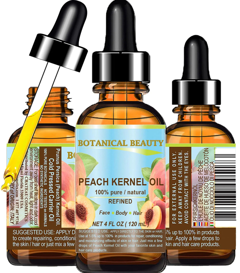 Peach Kernel Oil. 100% Pure Natural Undiluted Refined Cold Pressed Carrier Oil for Face Skin Hair Massage Lip Nail Care. 4 Fl. oz-120 ml by Botanical Beauty Lootquake LLC