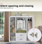 YG-15 74" H White Solid Wood Freestanding Wardrobe Closet for Clothes Storage. Bedroom Wardrobe Storage Cabinet featuring 2 Hanging Rod Shelves, 2 Drawers, and 5 Storage Compartments Pi-Mart