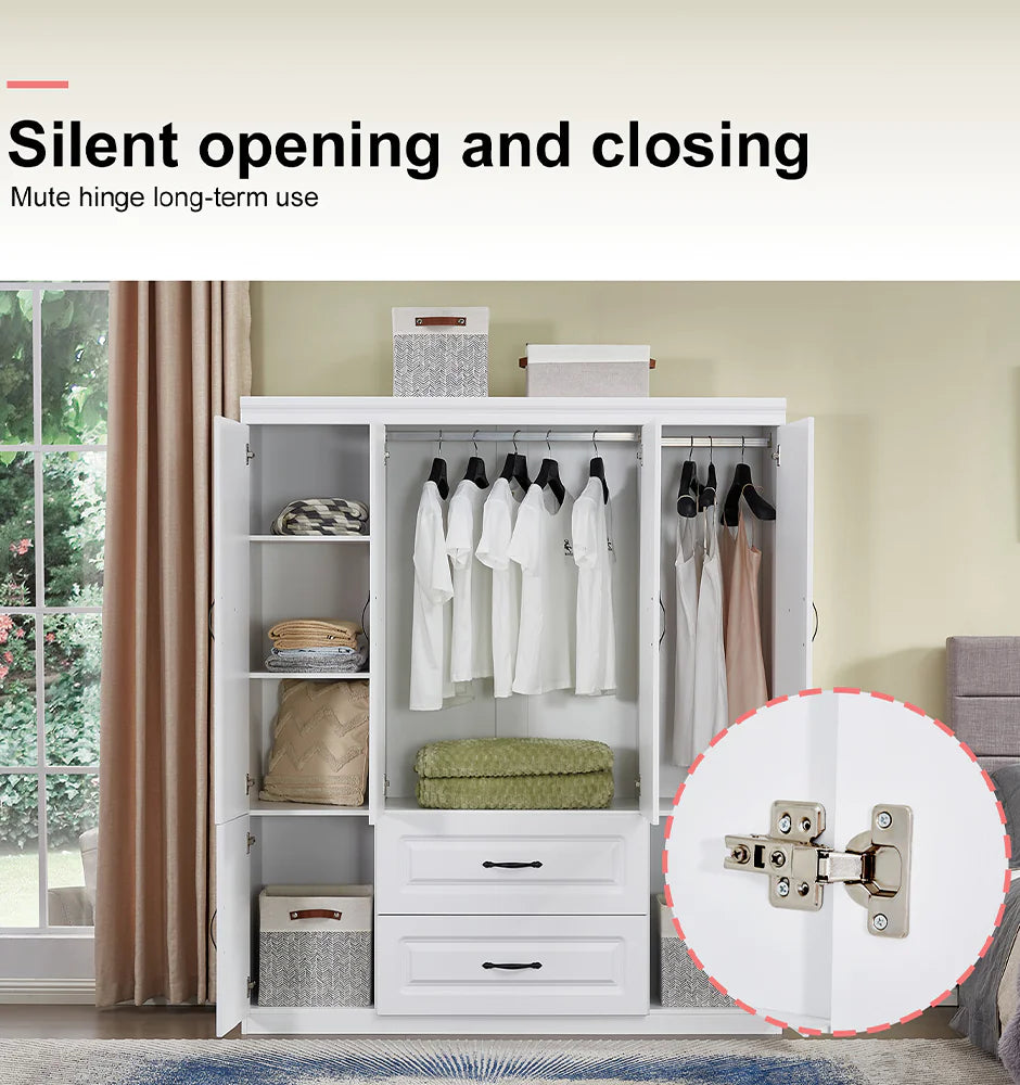 YG-15 74" H White Solid Wood Freestanding Wardrobe Closet for Clothes Storage. Bedroom Wardrobe Storage Cabinet featuring 2 Hanging Rod Shelves, 2 Drawers, and 5 Storage Compartments Pi-Mart