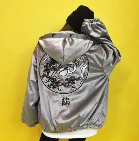Hooded Jacket, Baseball Jacket, Crane Design Pi-Mart