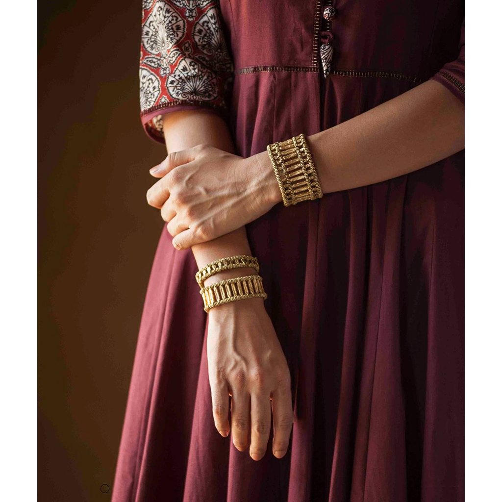 Kada Cuff Handwoven Metal Beads Cotton Thread Boho Indian Inspired 7.5in BandsCo Straps