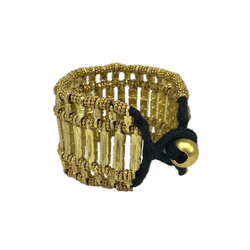 Kada Cuff Handwoven Metal Beads Cotton Thread Boho Indian Inspired 7.5in BandsCo Straps