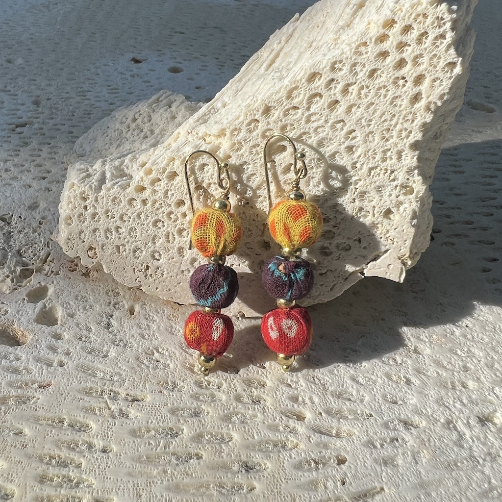 Kantha Sari Earrings Handmade Stacked Beads Repurposed Sari Fabric Lightweight BandsCo Straps