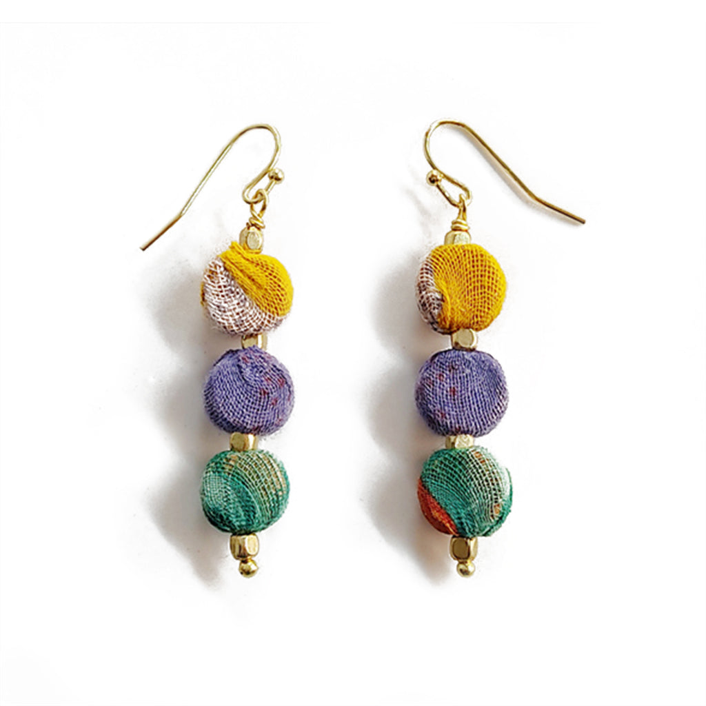 Kantha Sari Earrings Handmade Stacked Beads Repurposed Sari Fabric Lightweight BandsCo Straps