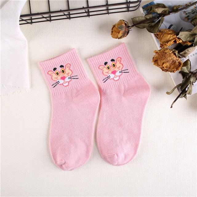 Kawaii Women Animals Cartoon Tube Socks Cute Egg Rabbit Panther Cotton Long Socks Female and Ladies Pink Milk White Short Ankle Socks For Women Stevvex