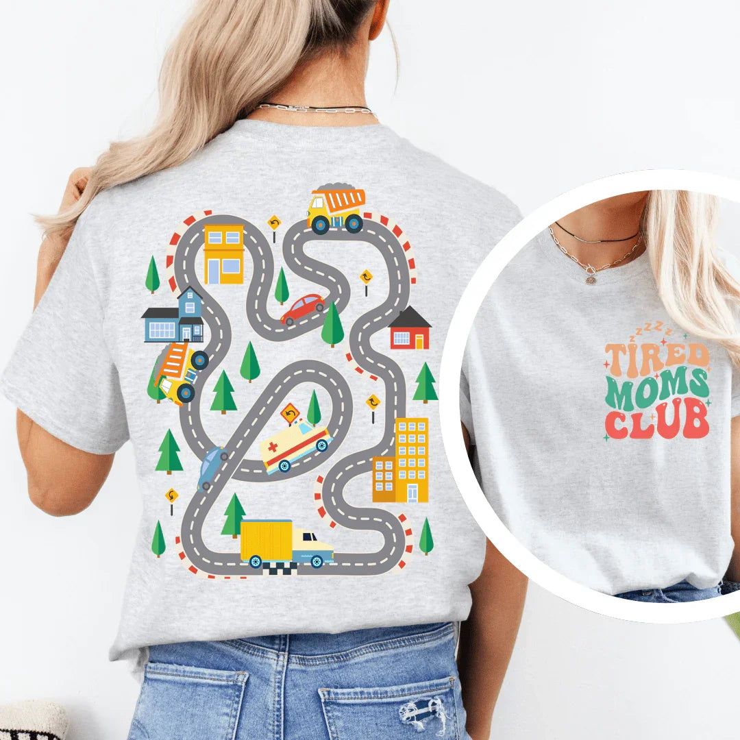 Kids Play Car Race On Mom’s Back Tee Peachy Sunday